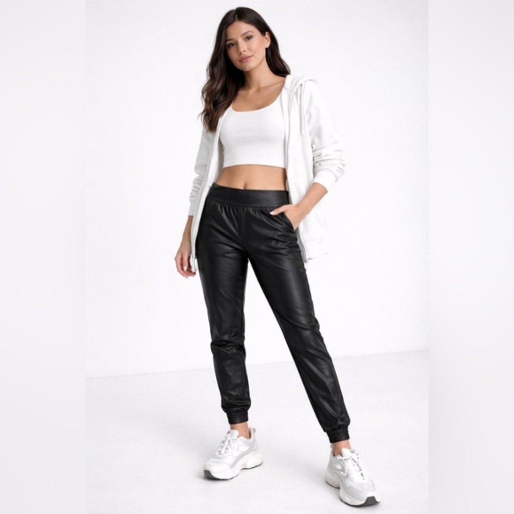 Commando Faux Leather Joggers Black | Sporty Luxe Athleisure Pants - Size Small